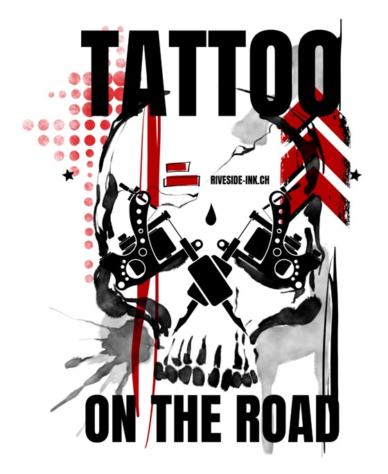 Logo Tattoo On The Road: Totenkopf mit zwei gekreuzten Tattoo-Maschinen, rote Akzente.